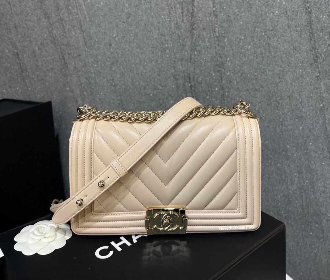 NO NEGO Chanel Boy Leboy Old Medium Chervon Beige Light Pink in GHW Luxury Bags Wallets on Carousell