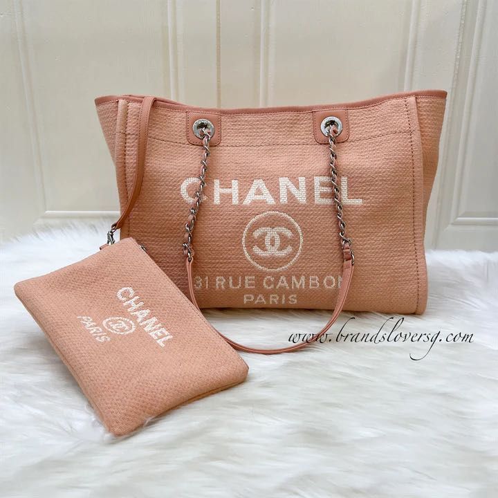 Chanel Small / Medium Deauville Tote in Peach Canvas (With