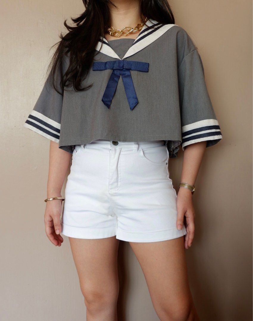 Cropped Sailor Collar Puff Sleeve Top main image 1