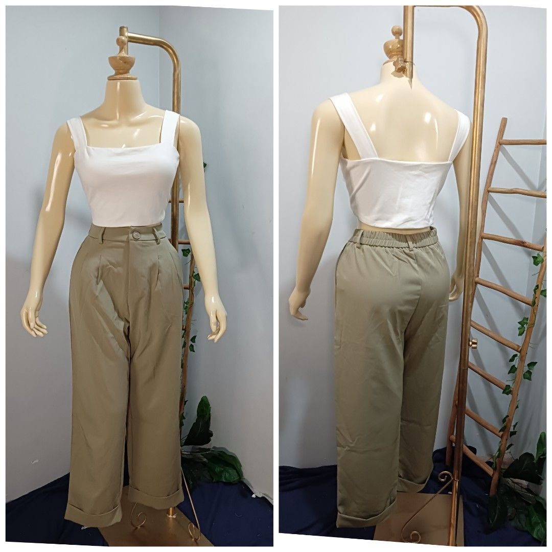 Ribbed Knit High Waisted Plicated Side Pocket Wide Leg Casual Pants