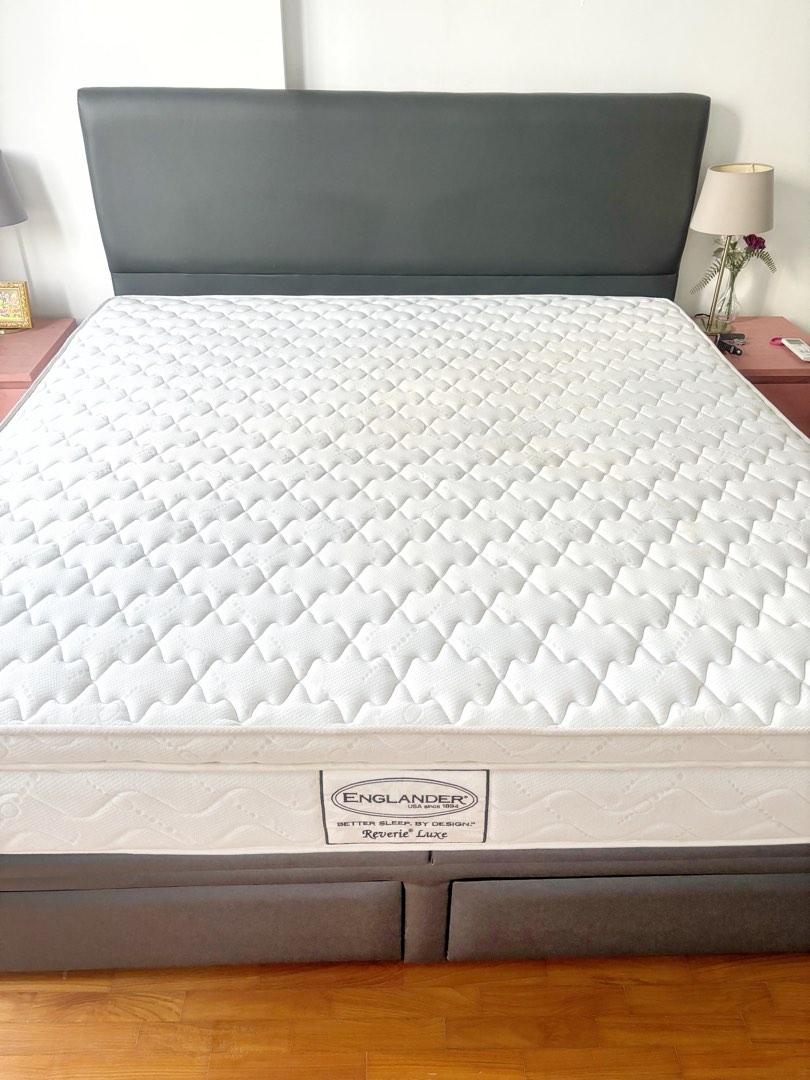 Grey leather King size bed with premium mattress, Furniture & Home