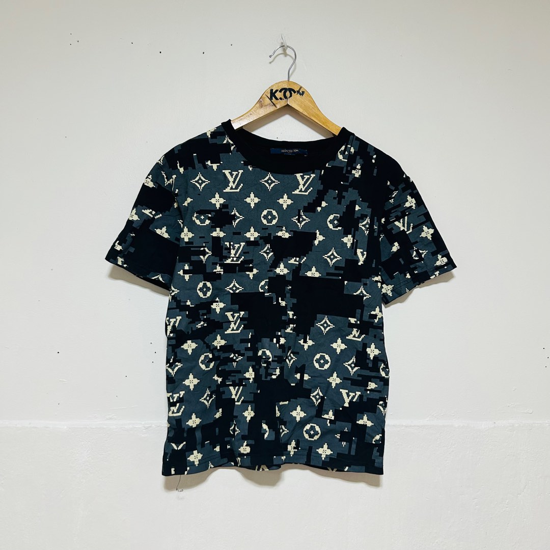 Louis Vuitton Navy Blue Leaf Discharge Printed Cotton Crewneck T