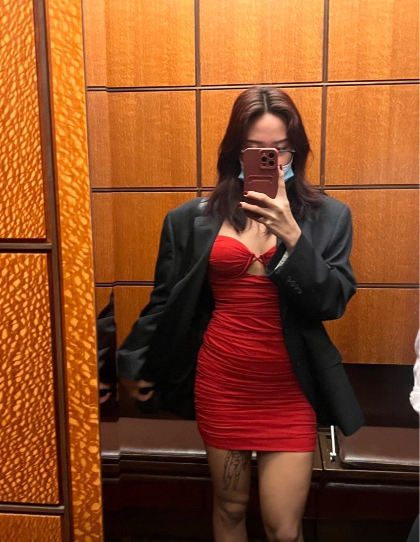 Oh Polly Red Ruched Mesh Cut Out Mini Dress US 6 True For You