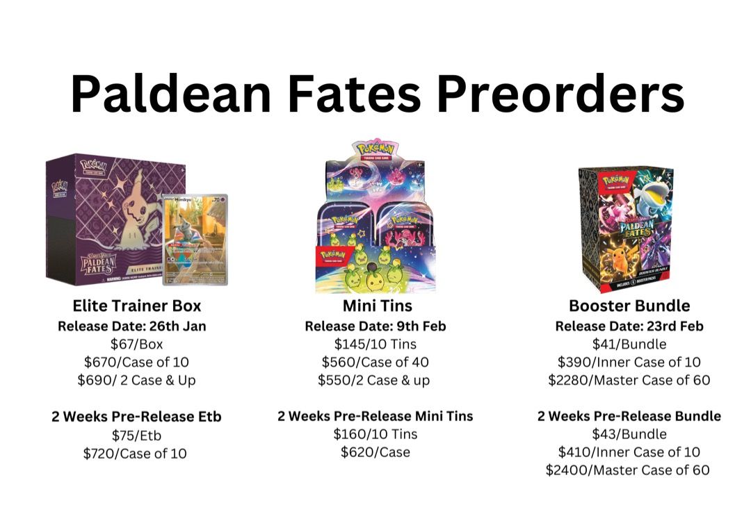 Pokemon Sv4.5 Paldean Fates Etb Elite Trainer Box Mini Tins Booster Bundle BB Premium collection