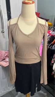 Shein Lengan Panjang Rib Coklat