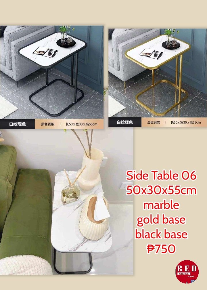 Side and Bedside Tables (Category: Tables & Sets) located in Manila. Submitted by redonlineshop (Listing ID 1266090796, Image 2). Description: Side Table 01 30x30x60cm gray ₱650 Side Table 02 60x30x55cm black marble white marble ₱700 Side Table 03 45x34x50cm black marble ₱750 Side Table 04 50x50x55 white ₱750 Side Table 05 40x40x60cm marble white ₱700 Side Table 06 50x30x55cm marble gold base black base ₱750 ON HAND BRAND NEW Mode of Payment: Gca