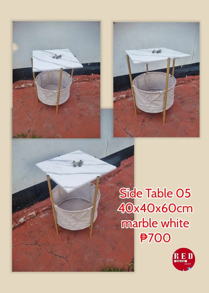 Side and Bedside Tables (Category: Tables & Sets) located in Manila. Submitted by redonlineshop (Listing ID 1266090796, Image 3). Description: Side Table 01 30x30x60cm gray ₱650 Side Table 02 60x30x55cm black marble white marble ₱700 Side Table 03 45x34x50cm black marble ₱750 Side Table 04 50x50x55 white ₱750 Side Table 05 40x40x60cm marble white ₱700 Side Table 06 50x30x55cm marble gold base black base ₱750 ON HAND BRAND NEW Mode of Payment: Gca