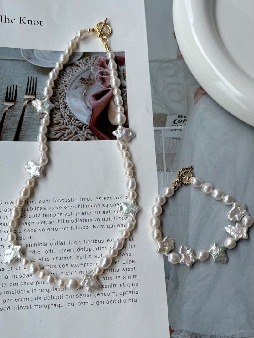 Stellar Blossom Handmade Freshwater Pearl Necklace Bracelet Set Star Shaped Pearl