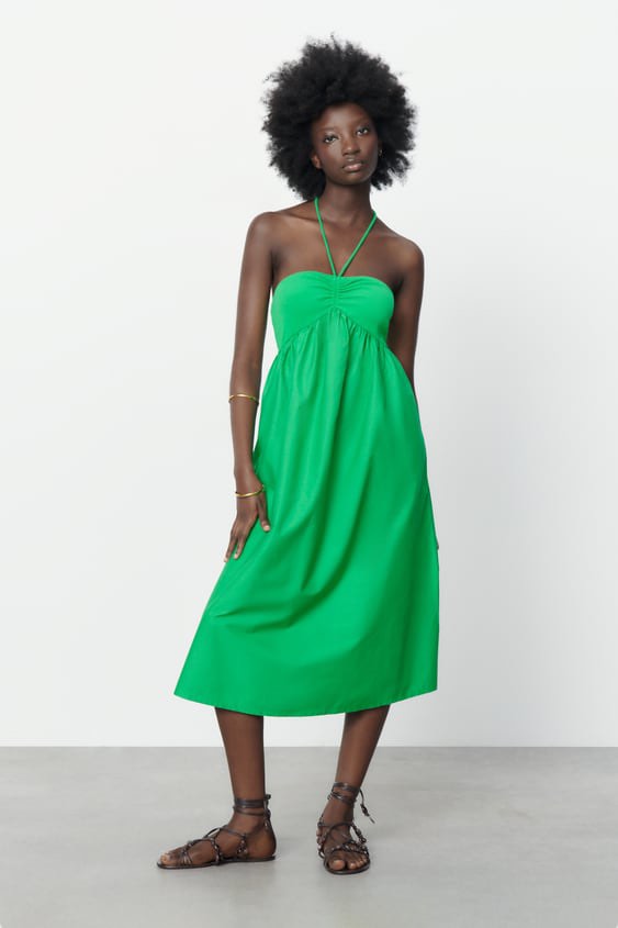 ‼️Super SALE Zara Combined Halter Dress Green, Women's Fashion, Dresses