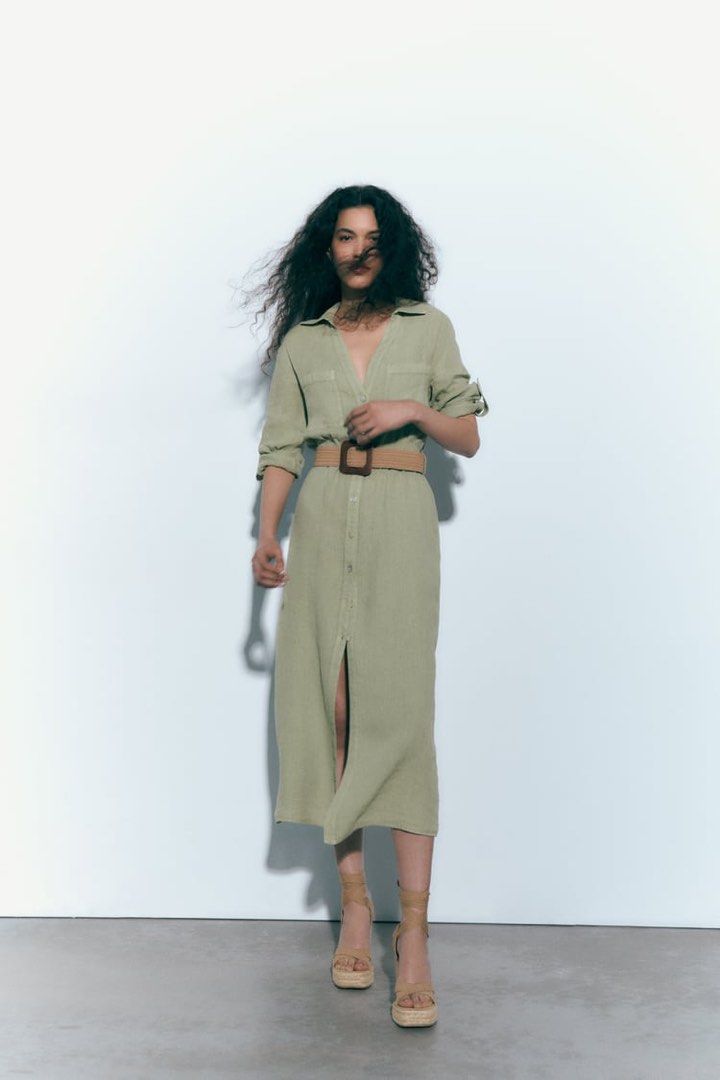 Super SALE Zara Linen Blend dress with Belt Khaki Green (Retail Price:  P3,495), Women's Fashion, Dresses & Sets, Dresses on Carousell