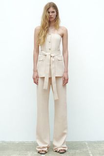 ‼️Super SALE Zara Linen Blend Tube Button Top with Belt and Trousers Beige (Retail Price: P10k)