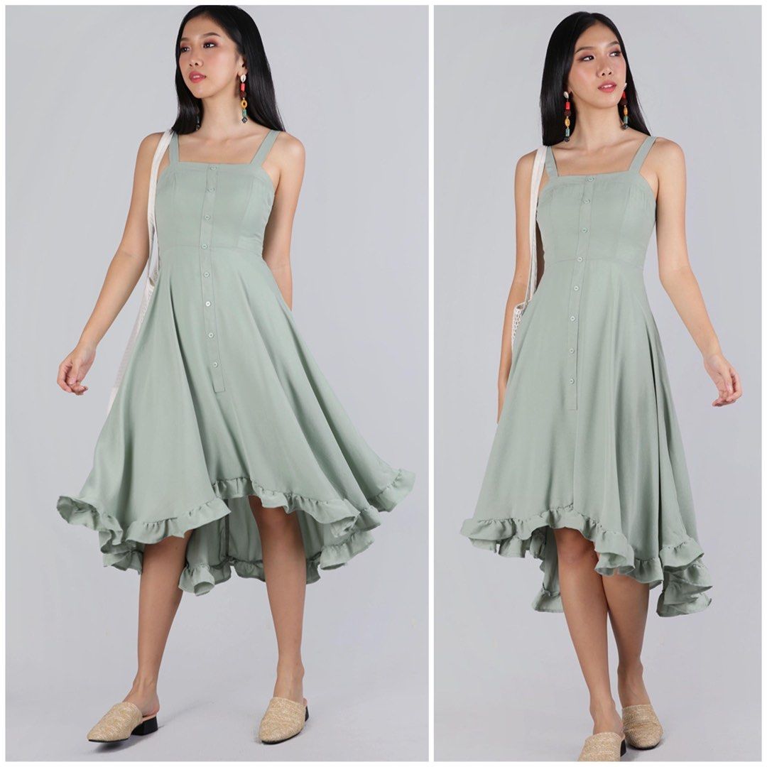 TTR Lea ruffles hem Dress (Dust Sage green) by The Tinsel Rack, Women's