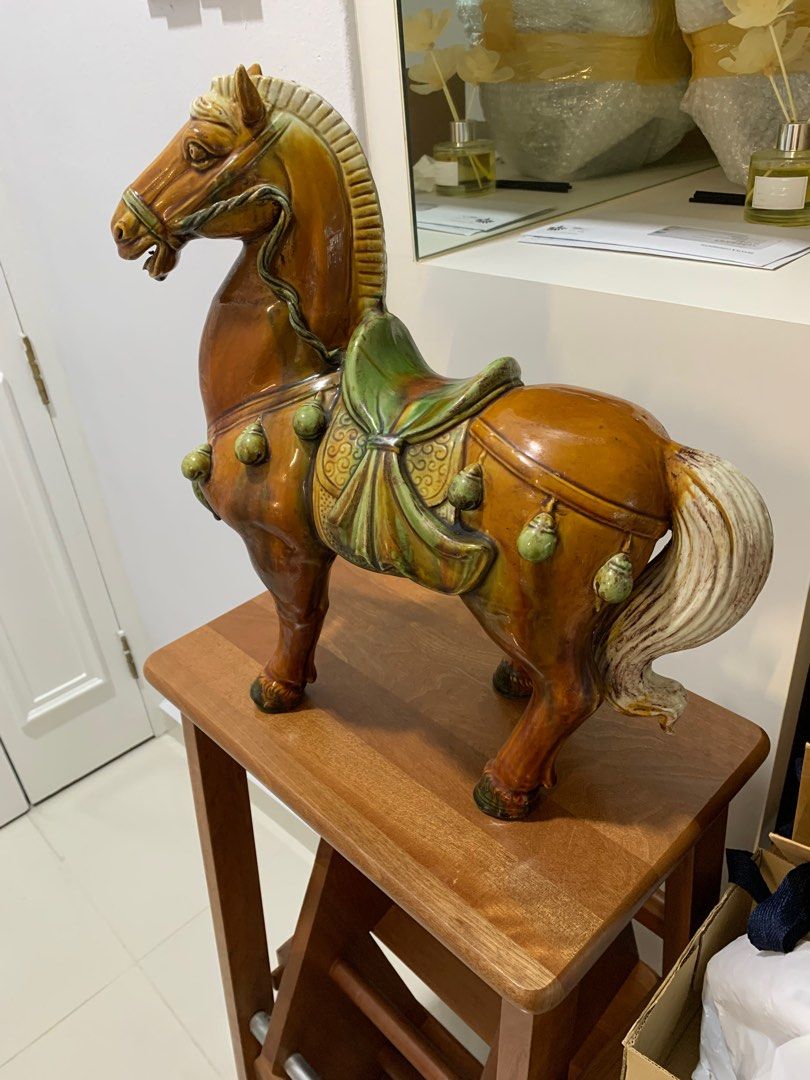 Vintage standing Tang Horse figurine in glazed terracotta brown, green