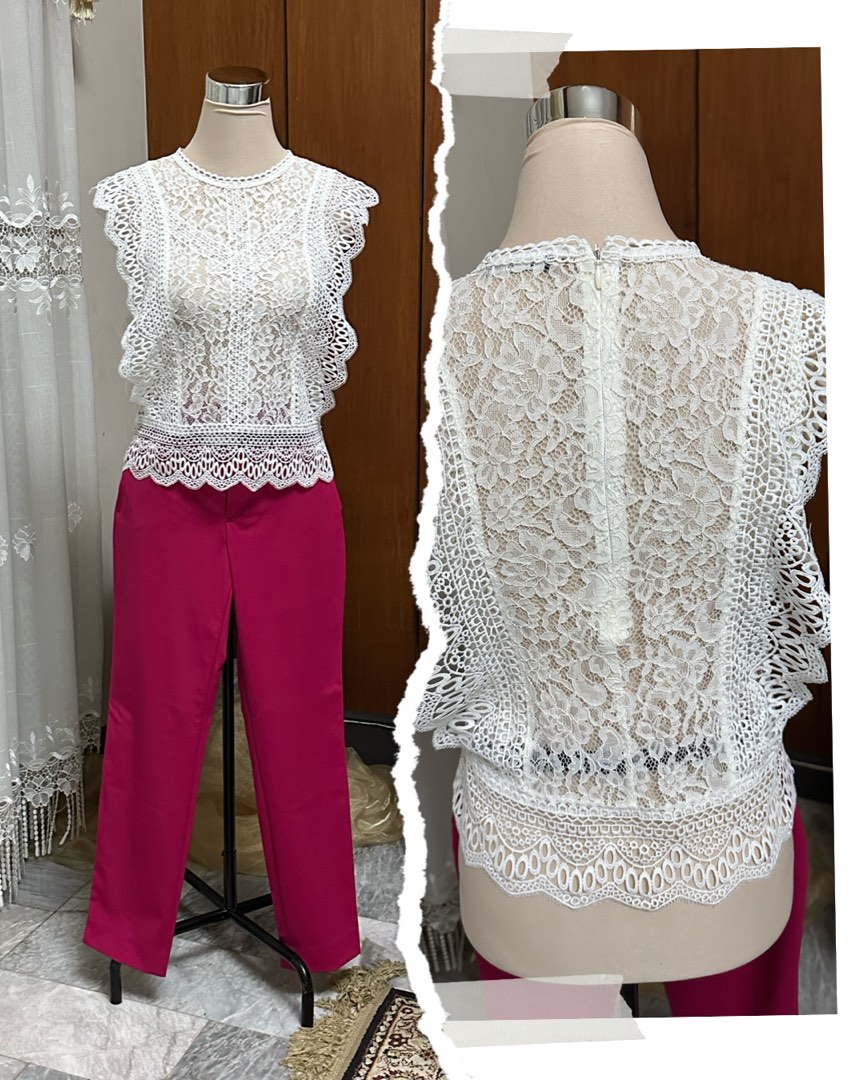 Zara White Lace Zip Back Top main image 0