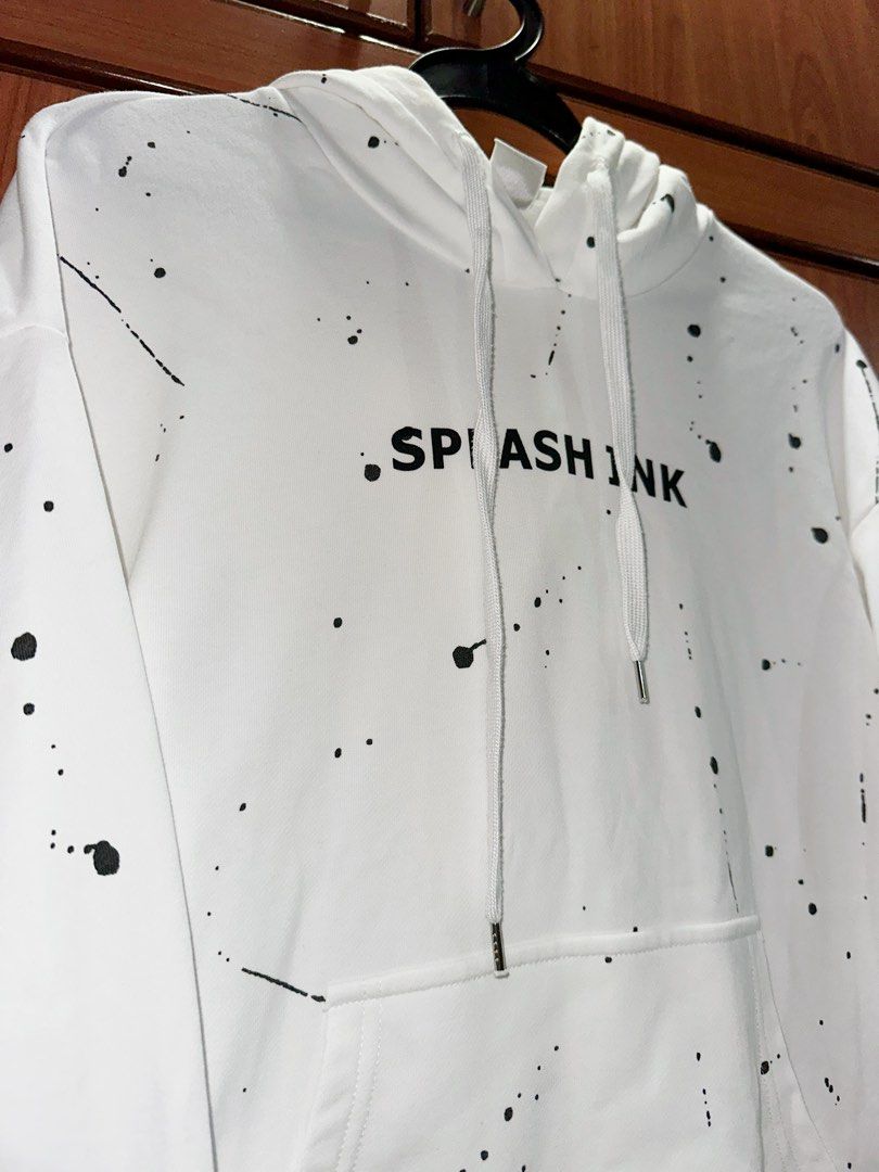 Yishion Unisex White Hoodie with Black Splash Paint Design Size S
