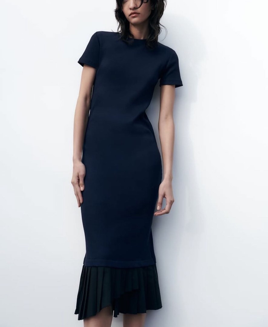 Zara Pleated Navy Blue Dress, Women's Fashion, Dresses & Sets, Dresses