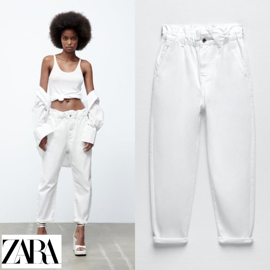 [ZARA] SS22 Denim Paperbag Baggy Pants Ruffle Frill Elastic Waist Pocket  Long Trouser White Celana Panjang Jeans Pinggang Kriwil Kantong Saku