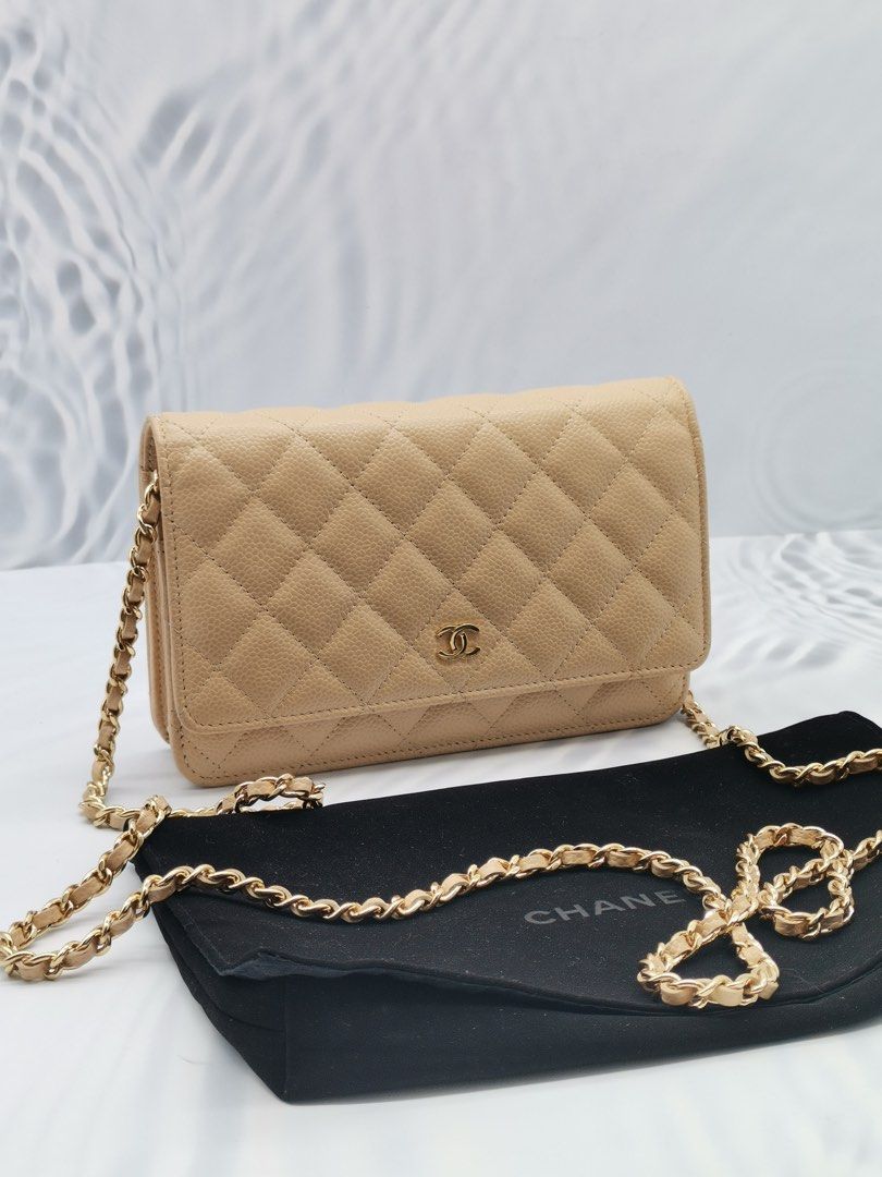 2022 MICROCHIP CHANEL CLASSIC FLAP WALLET ON CHAIN IN BEIGE CAVIAR LEATHER  GOLD HARDWARE