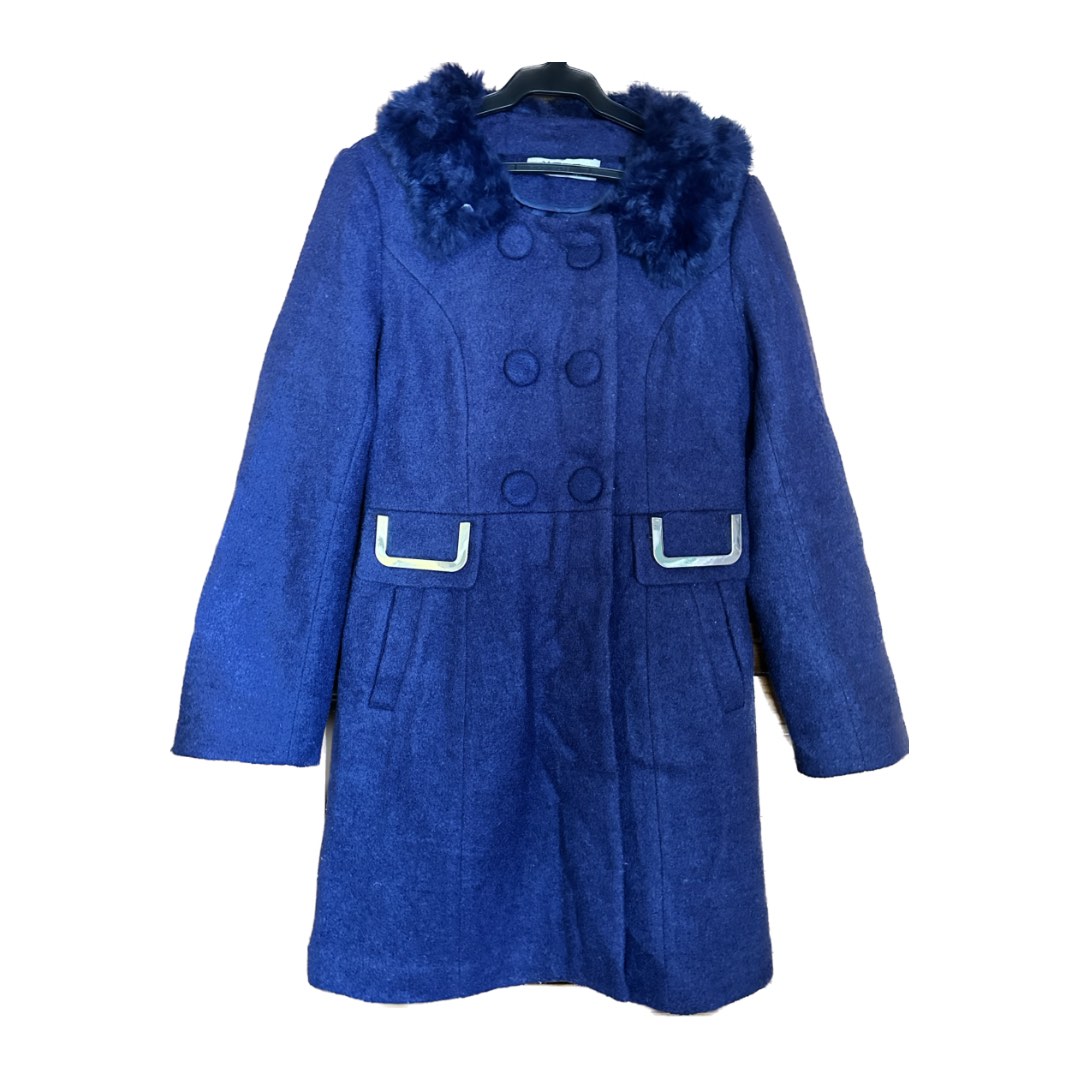 A33 Navy Blue Wool Coat with Detachable Neck Fur, Women's Fashion