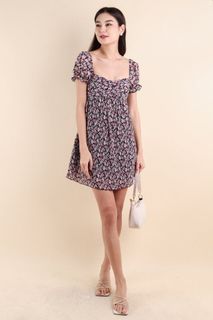Amara Crinkled Vintage Floral Dress in Black/Pink