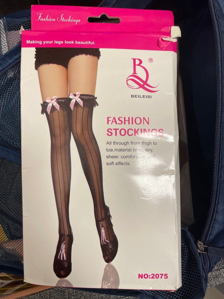 beileisi 2075 black stockings stripe ribbon pink lolita doll