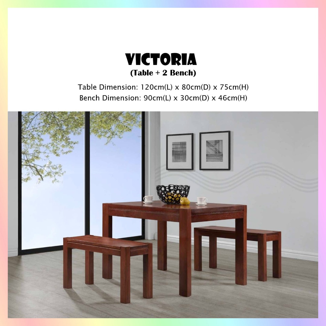 Dining Set Wooden Dining Table + 2 Bench, Furniture & Home Living