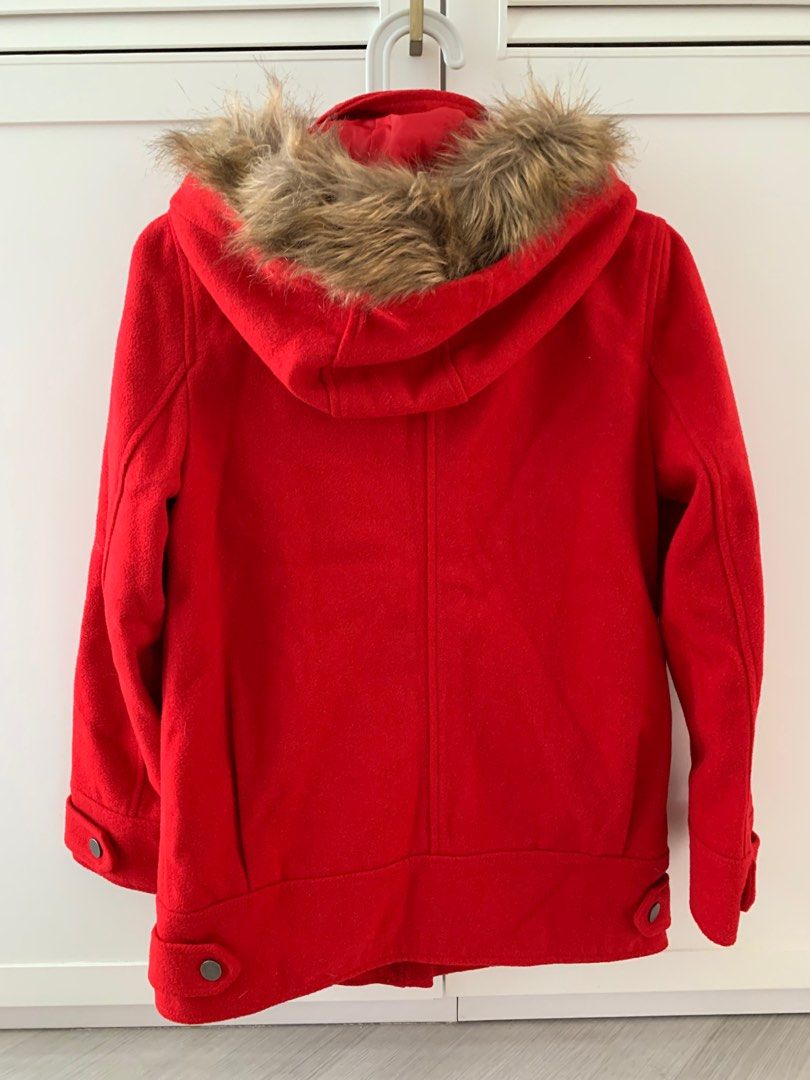 Red wool coat with fur hood cheap