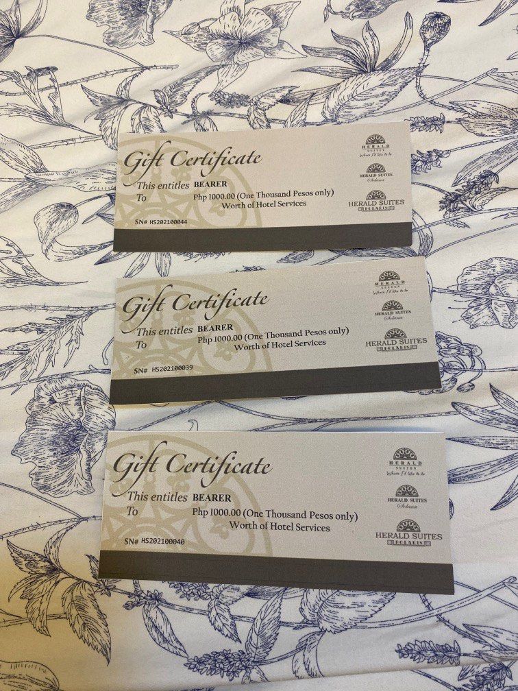 Herald suites gift certificate (no expiry) (Category: Gift Baskets & Hampers) located in Mandaluyong City. Submitted by kat.store (Listing ID 1266350594, Image 1). Description: Can sell as a package OR individually. I’m selling this cheaper than it’s value. Perfect for anniversaries, birthdays, anything!.
