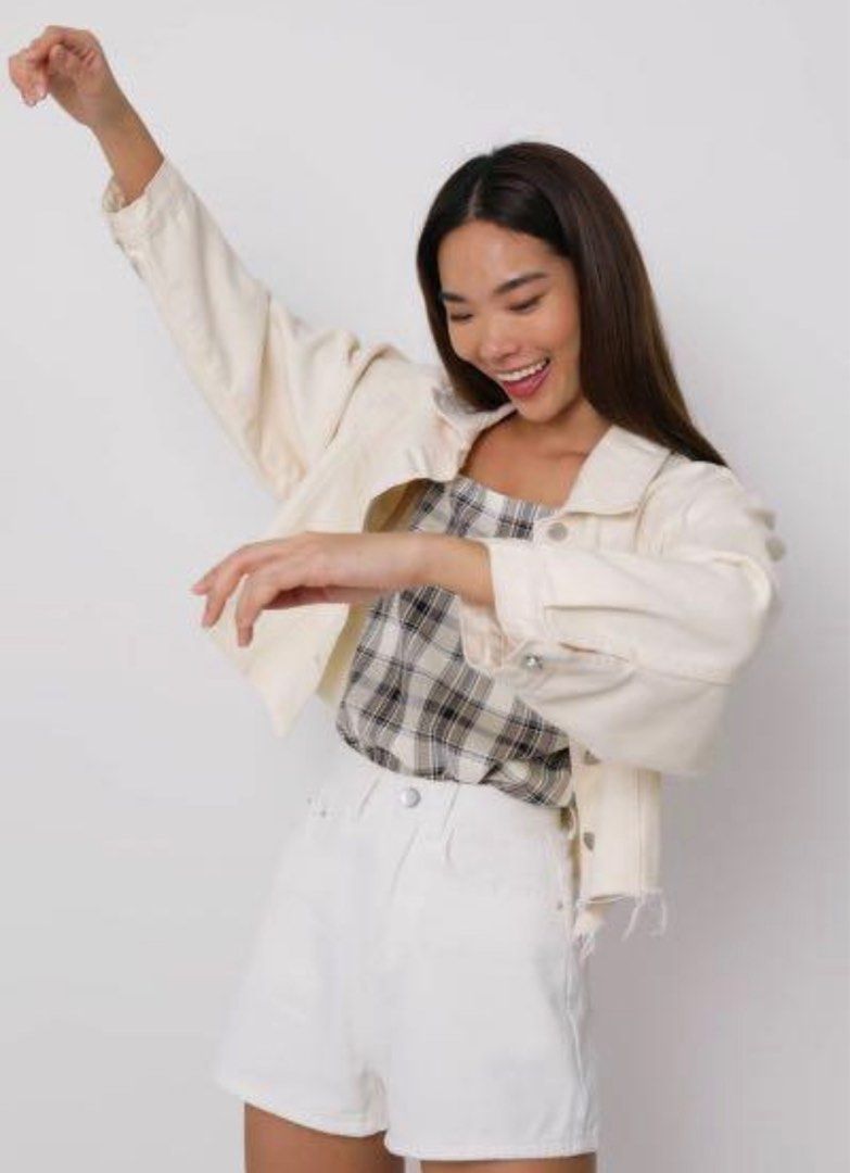 White oversized cropped denim jacket top