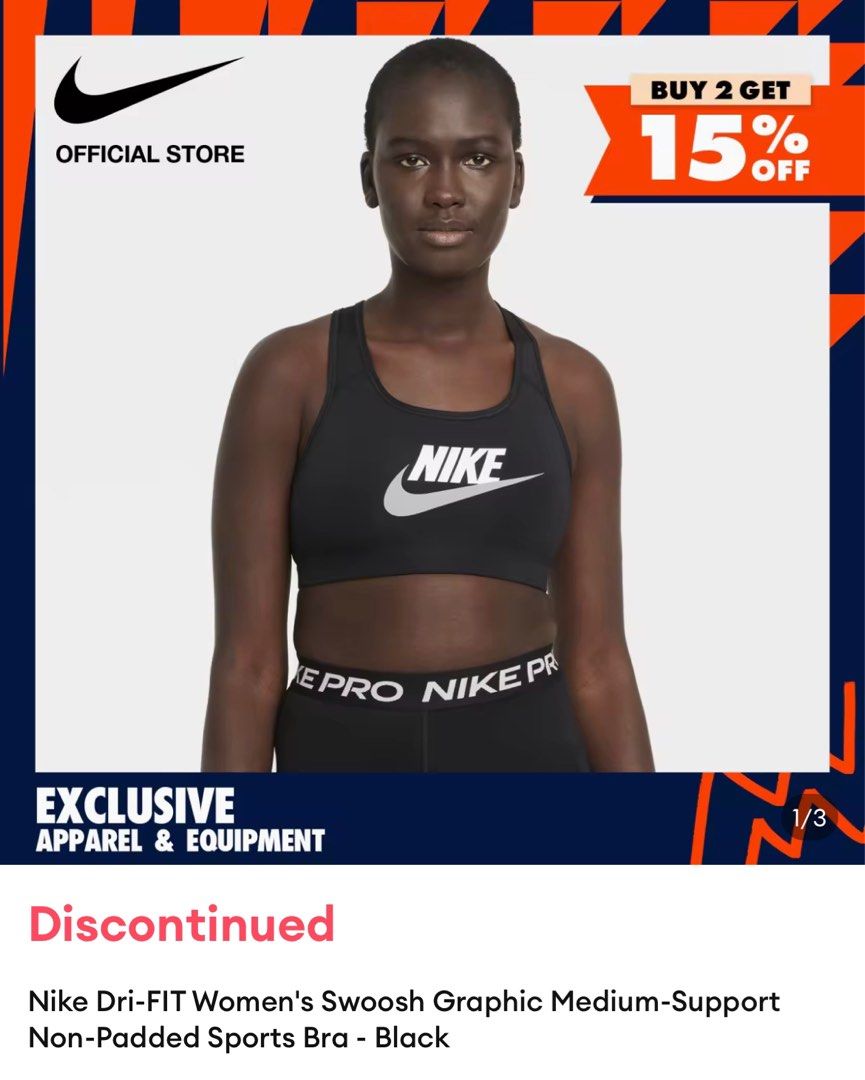 Nike Dri-FIT Women's Swoosh Graphic Medium-Support Non-Padded Sports Bra -  Black, Men's Fashion, Activewear on Carousell