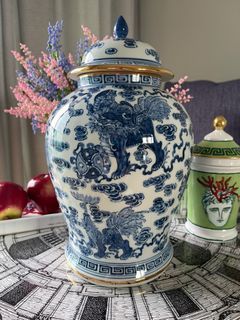 Oriental Blue White High Porcelain With 24k Gold trim Foo Dog Jar Vase