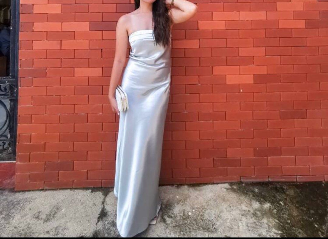 Sage green tube backless silk dress, Women's Fashion, Dresses & Sets,  Evening dresses & gowns on Carousell