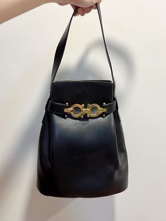 Salvatore Ferragamo 正品 氣質金釦水桶包 束口包 Vintage 黑色 水筒包 書包 側背包 古董包