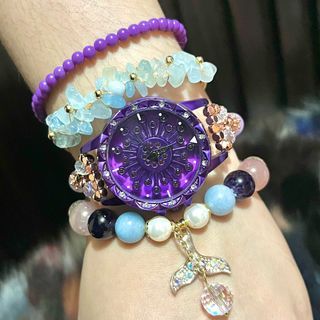Take all 💜 Lavender Amethyst Watch with Purple face, Lepidolite Bracelet, Amazonite Bangle, and Mermaid Tail Charm Bracelet with Madagascar Rose Quartz, Obsidian and Blue Angelite Stones Bundle