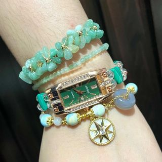 SUMMER PAMIGAY SALE ! Take all 🌲🪴 Malachite stone bangle watch with Rectangular face, Aventurine Bangle, Faceted Green Strawberry crystal bracelet, and Ribbon stone bracelet with Sun & Donut charm Bundle