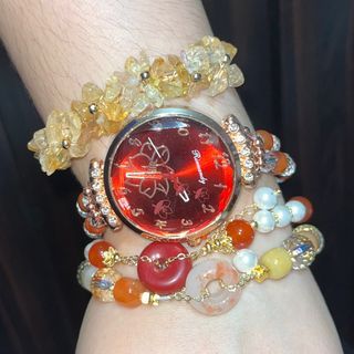 Take all 🌅🌞 Nanhong Agate stone watch with Red face,  Red Agate & Shell Pearl bracelet with Cinnabar donut charm, Citrine Bangle, and Austrian crystal bracelet with Sakura Agate  Donut charm Bundle