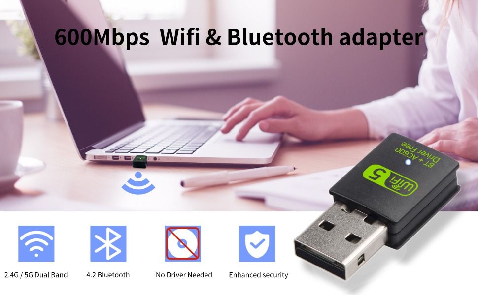 USB WiFi Bluetooth Adapter, 600Mbps Dual Band 2.4/5Ghz Wireless Network  External Receiver, Mini WiFi Dongle for PC/Laptop/Desktop