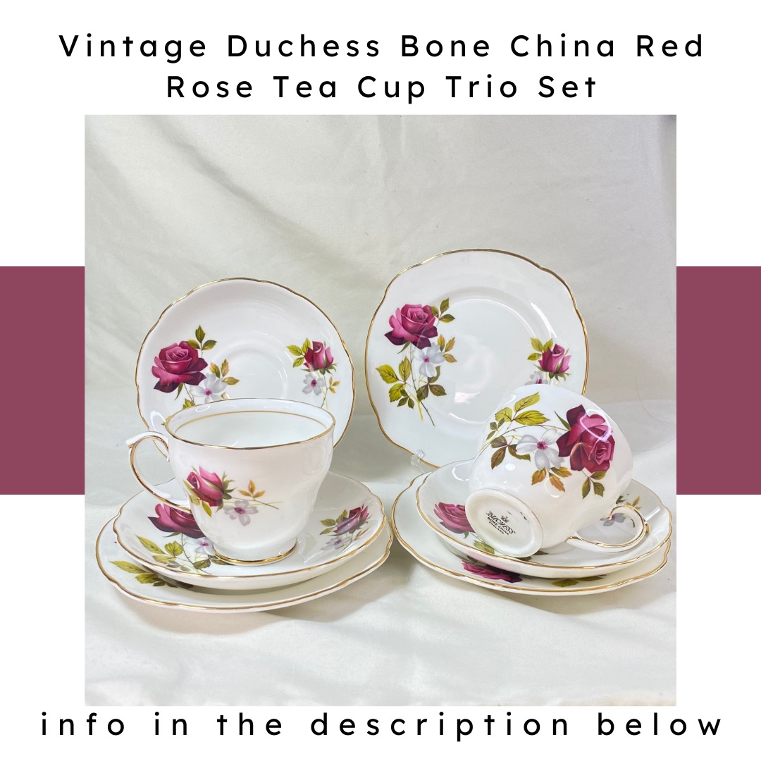 Vintage Duchess Bone China Red Rose Tea Cup Trio Set, Furniture & Home ...