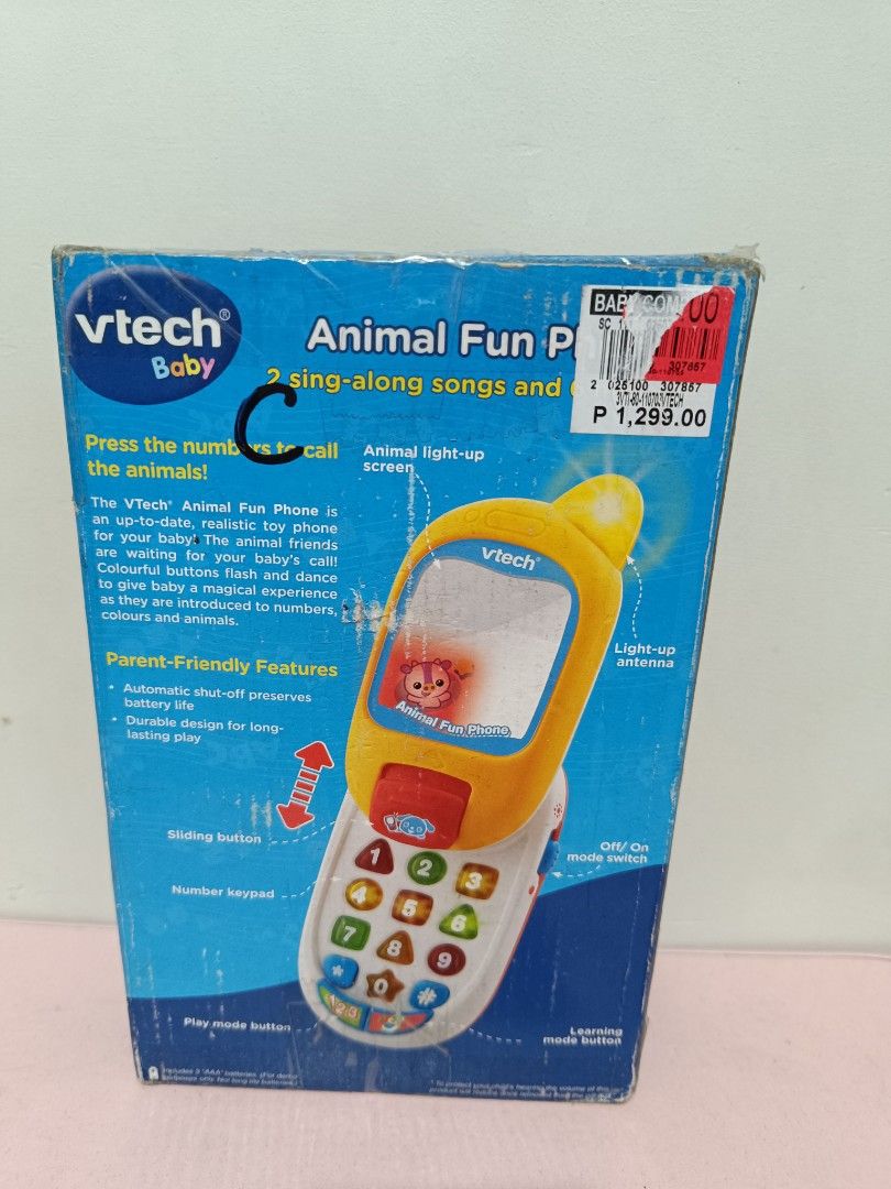 Vtech Animal Fun Phone (Category: Infant Playtime) located in Quezon City. Submitted by mhoniqvela04 (Listing ID 1266408818, Image 2). Description: Brandnew-slightly damaged box only working-tested guaranteed original.