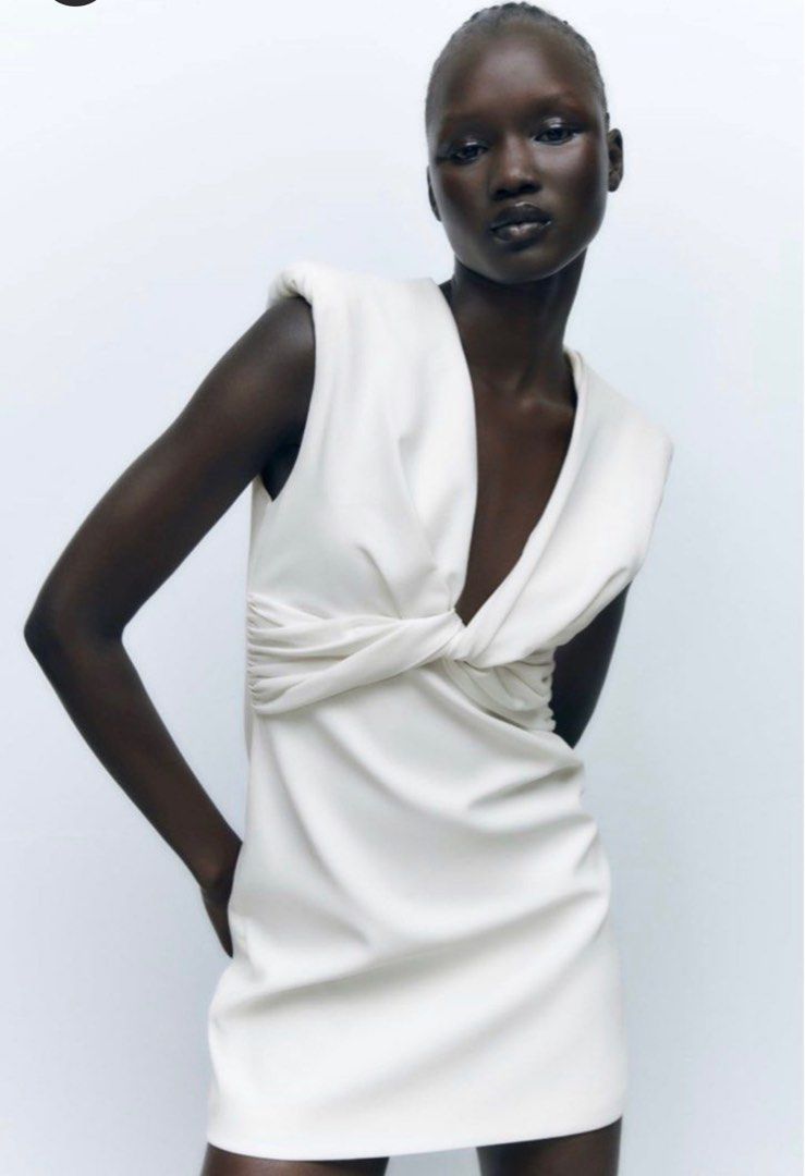 Zara White Dress with Shoulder Pads Women s Fashion Dresses
