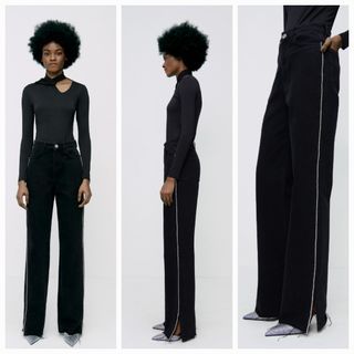 ZARA WOMAN CELANA SIDE JEWEL STRAIGHT FULL LENGTH JEANS BARU ASLI ORIGINAL