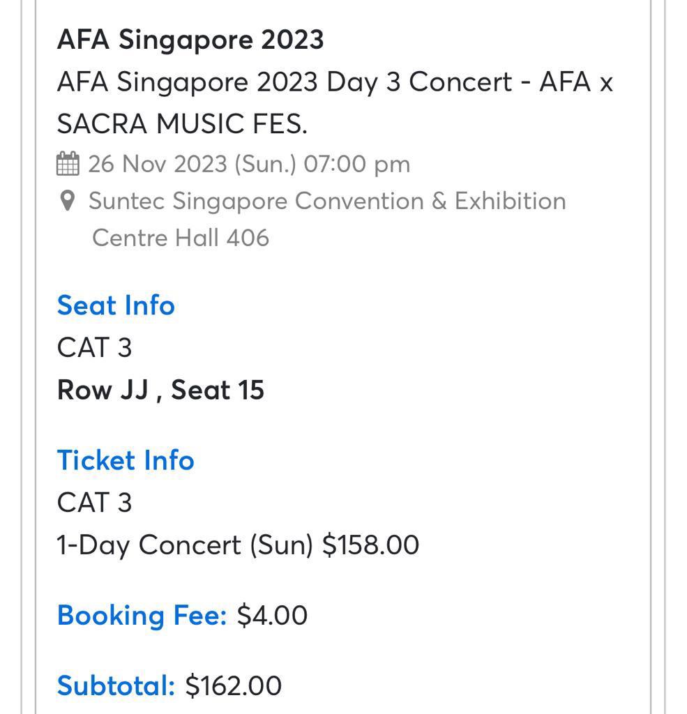 1x AFA Singapore 2023 Day 3 Ticket (26 Nov), Tickets & Vouchers, Event
