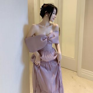 公主甜美一字領蝴蝶結仙女性感抹胸洋裝生日禮服拍照長裙女