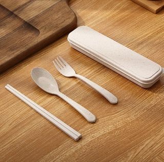 小麥稈 三件 餐具組 環保餐具 小麥秸稈 餐勺 湯匙 筷子 叉子 環保筷 便攜旅行 環保 米色