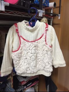 大小姐 奢華 貴族 假兩件式 毛衣 毛毛背心 保暖 可愛 甜美 女童 童裝 女童裝 秋冬 長袖 白色 11碼