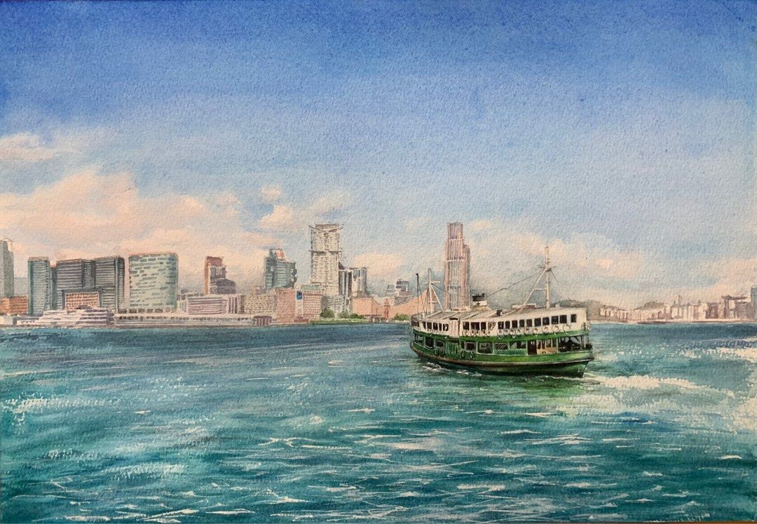 水彩畫-手繪風景畫 - 維港景．尖沙咀 . 天星小輪original watercolor landscape painting - Victoria  Harbor . Tsim Sha Tsui . Star Ferry