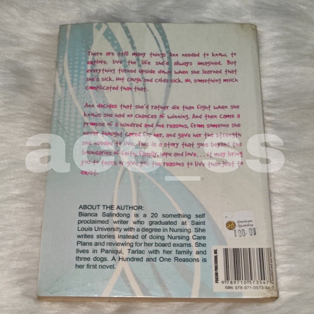 A Hundred and One Reasons (Category: Storybooks) located in Cavite. Submitted by ace_ss (Listing ID 1266565701, Image 2). Description: tanning creases on the covers no writings, highlights or whatsoever in the pages last price MOP: GCash MOD: Shopee checkout only NON REFUNDABLE.
