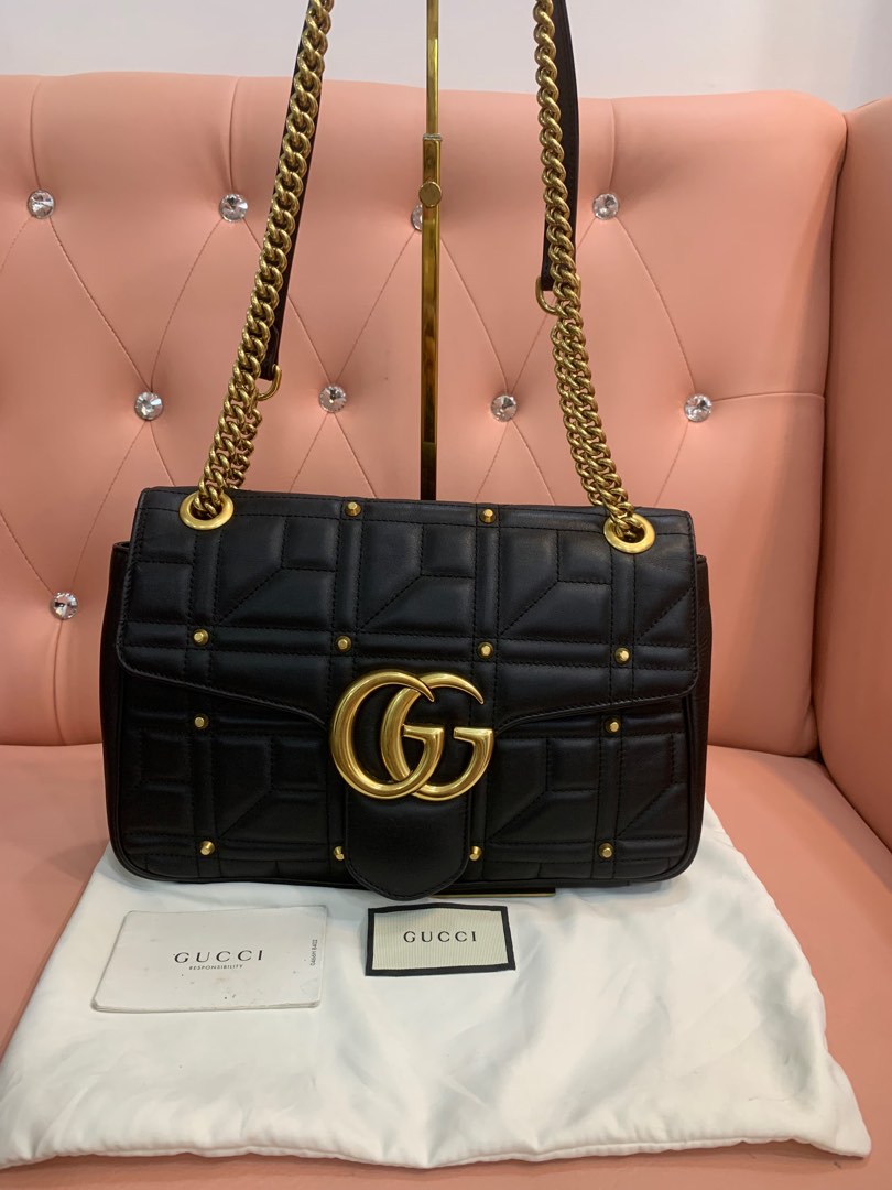 Authentic GUCCI Matelasse Calfskin Studded Medium GG Marmont Chain