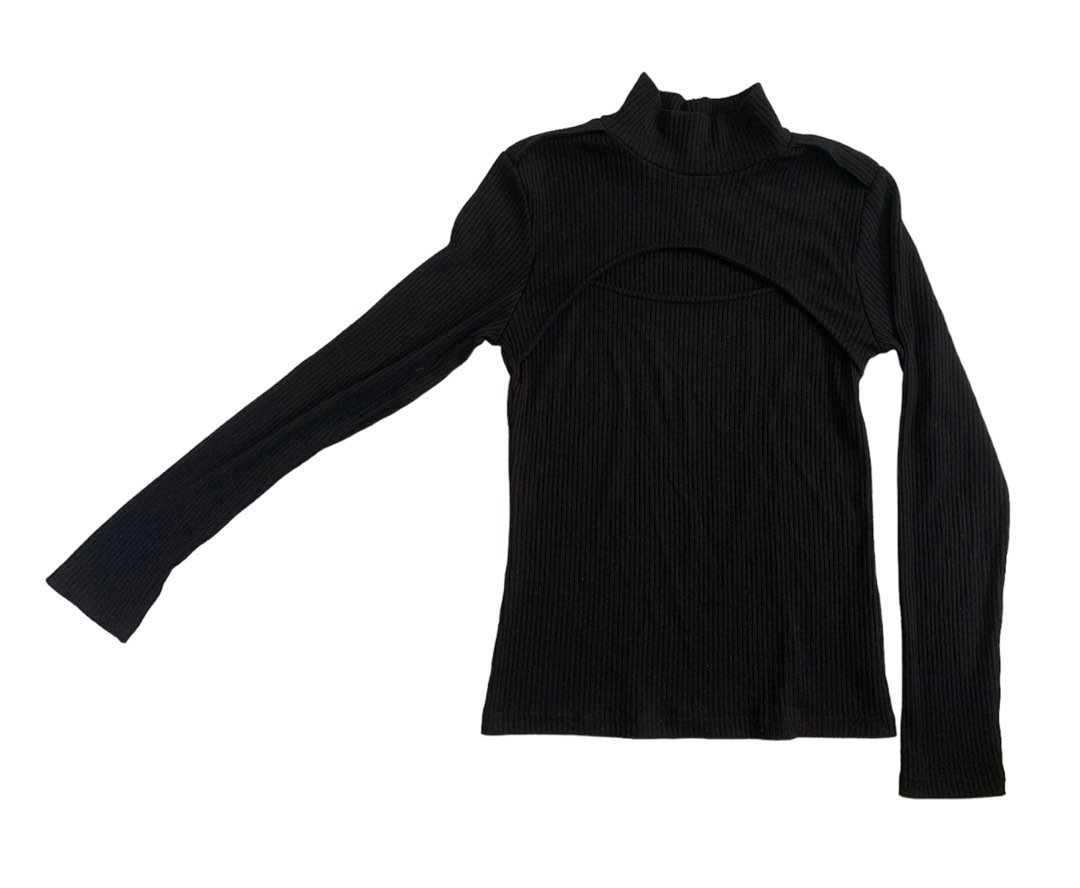 black long sleeves turtleneck top with cutout, Women's Fashion, Tops ...