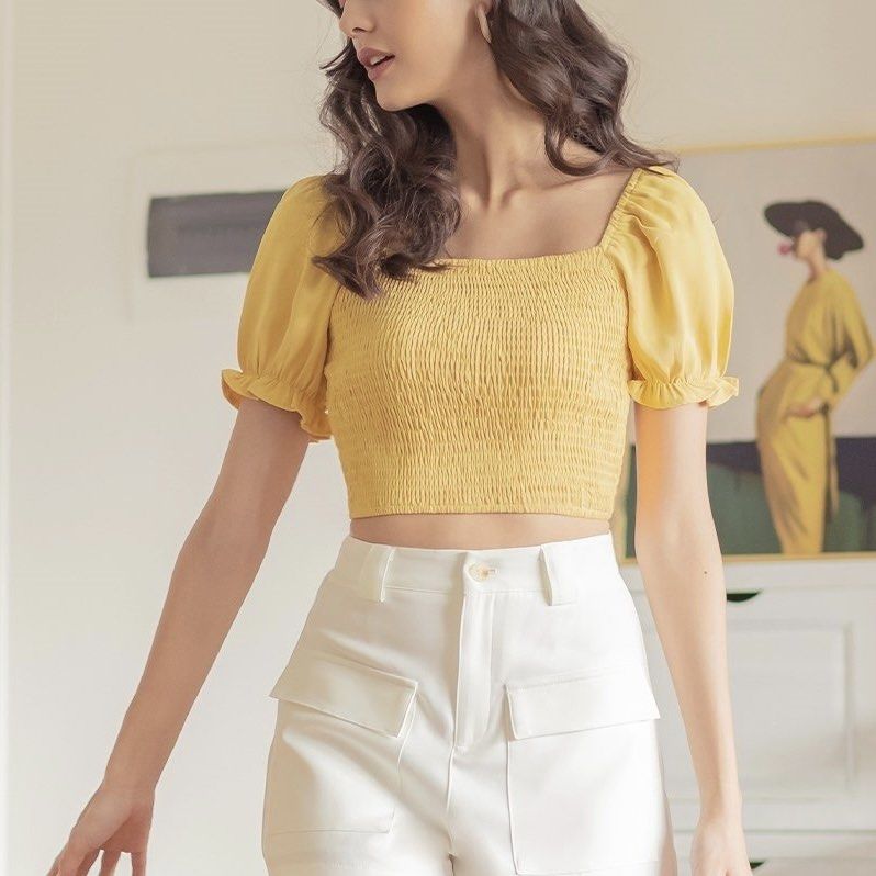 BNWT Lovet Sunshine Yellow Renesmee 2 Way Smocked Crop Top Size M Women s Fashion Tops Blouses on Carousell